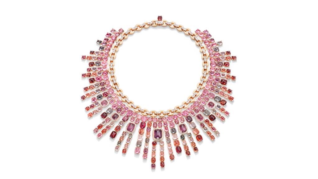 The “Spinelli Di Fuoco” necklace uses a total of 365 carats of multicolored spinels hanging from the 18-karat rose gold chain with diamonds totaling 5.51 carats set on white rhodium-plated rose gold. Spinelli Di Fuoco Necklace